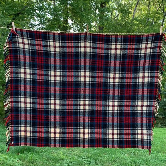 VTG Plaid Wool Blanket Marshall Field & Company Fringe Classic Preppy Throw - Picture 2 of 7